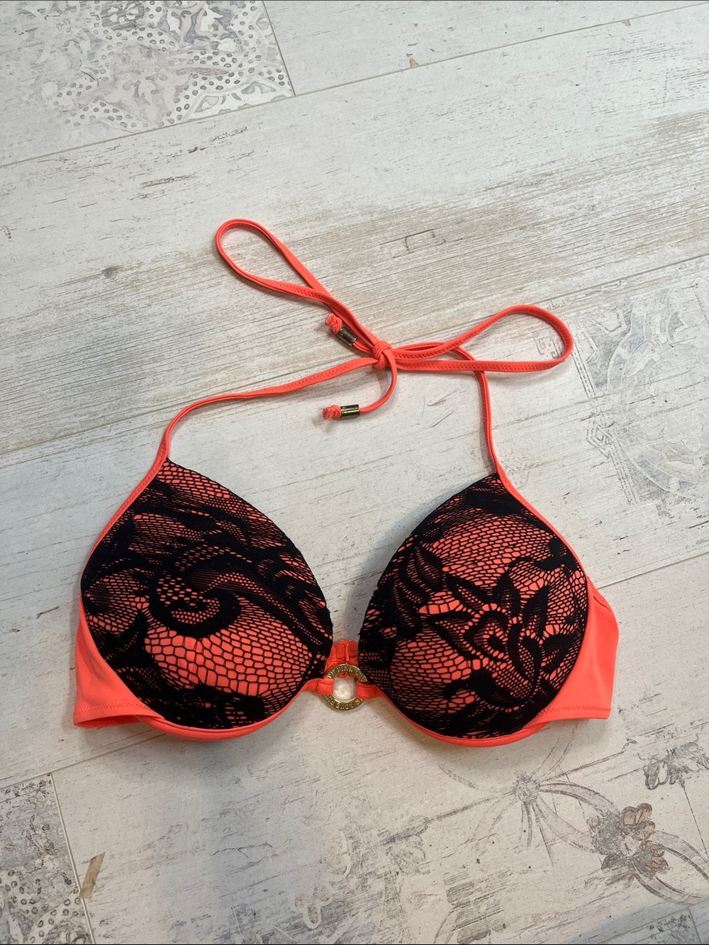 Pink Victorias Secret Y2K Orange and Black Lace Pushup Bikini Top Medium